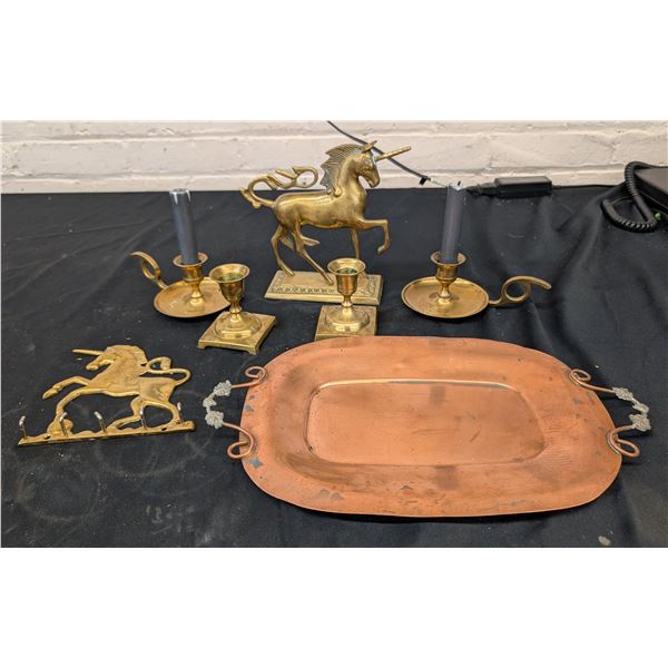 Lot of Misc. Brass Candlesticks, Unicorns & Tray
