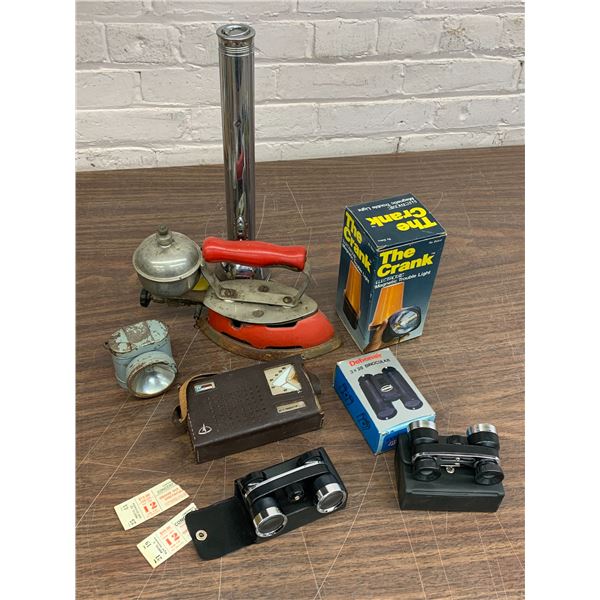 Lot of Vintage Household Gas Iron, Radio, Flashlight, Binoculars, etc