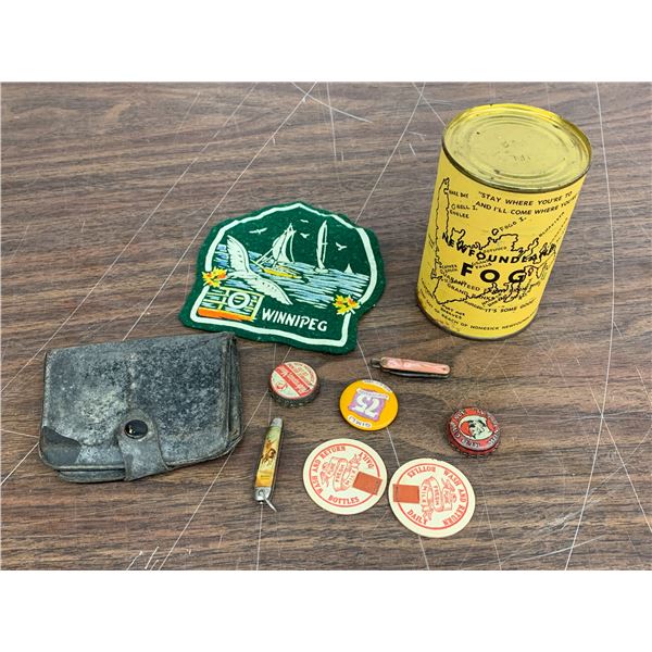 Lot of Misc Patch, Buttons, Pocket Knives, Tin, ect