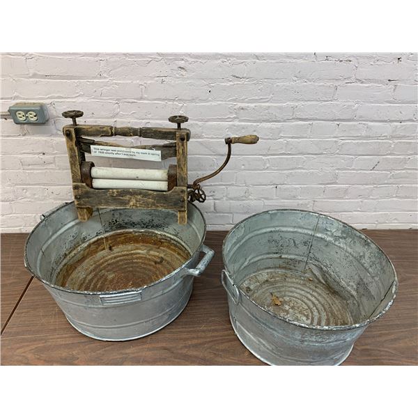 Antique Vintage Galvanized Steel Wash Tubs and Wooden Clothing Wringer