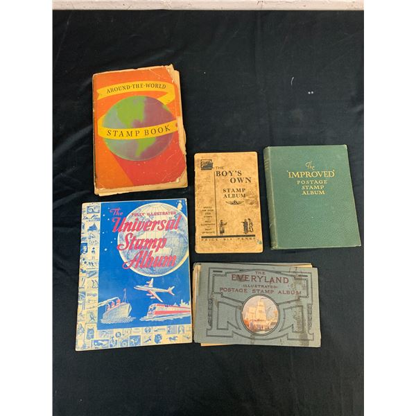 Lot of 5 Vintage Stamp Books / Stamp Albums (some partially complete, some mostly empty)