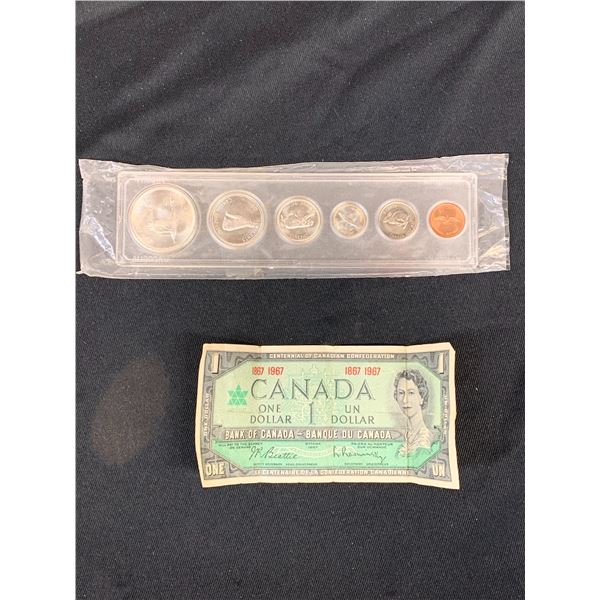 1967 Canada Uncirculated Coin Set & Heavily Circulated Canada Dollar Bill