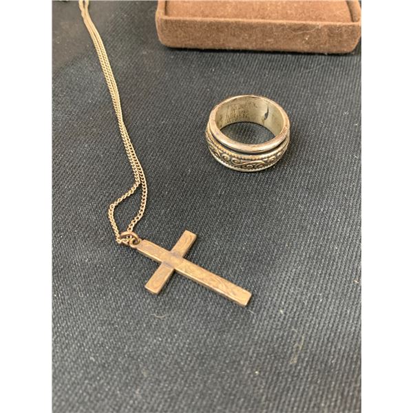 Lot of 2 Sterling Silver Chain w Cross Pendant & Sterling Silver Fidget Ring
