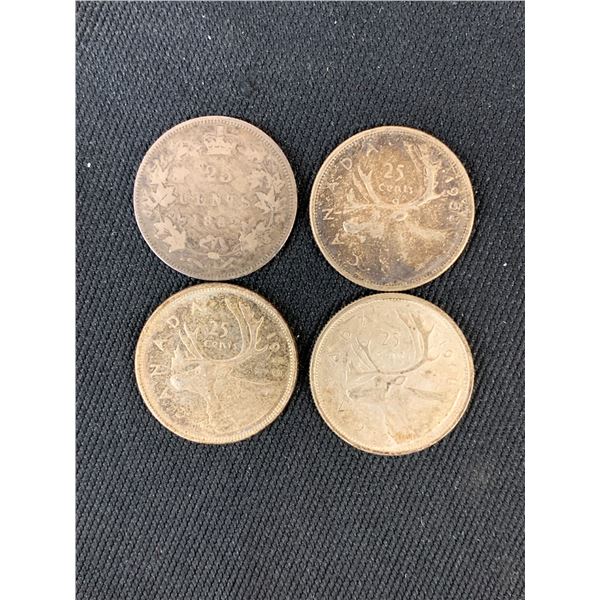 Lot of 4 Canada Silver Quarters 1882, 1958, 1965, 1968