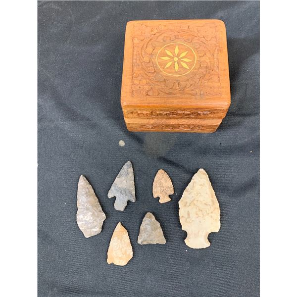 Lot of 6 Antique Arrow Heads and Wooden Trinket Box