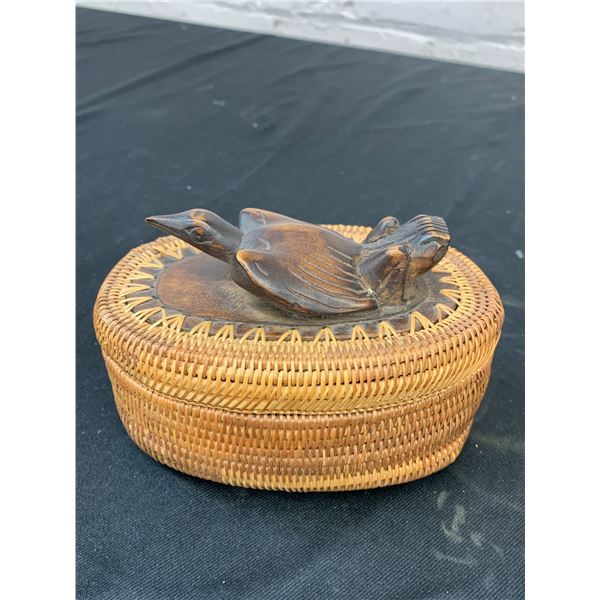 Indonesian Lomboc Island Woven Cane Basket w Carved Wooden Bird Figurine Topper