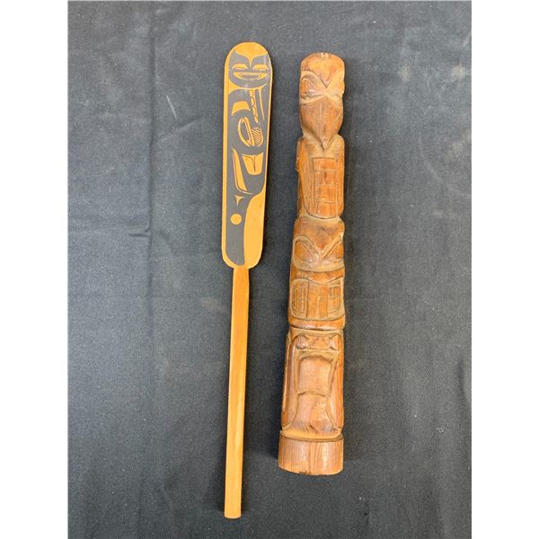 Canadian Indigenous Haida Art Carved Totem Pole and Paddle 15"