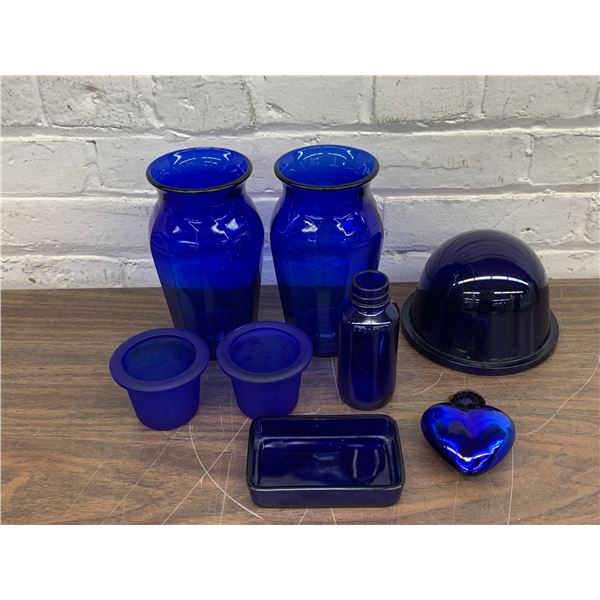 8pcs of Blue Cobalt Glass Vases, Candle Holders, Jar, Soap Dish, Etc