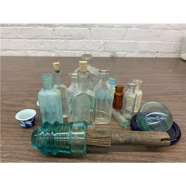 Lot of Vintage Apothecary Glass Medicine Bottles, Insulator, Misc Glass Pieces