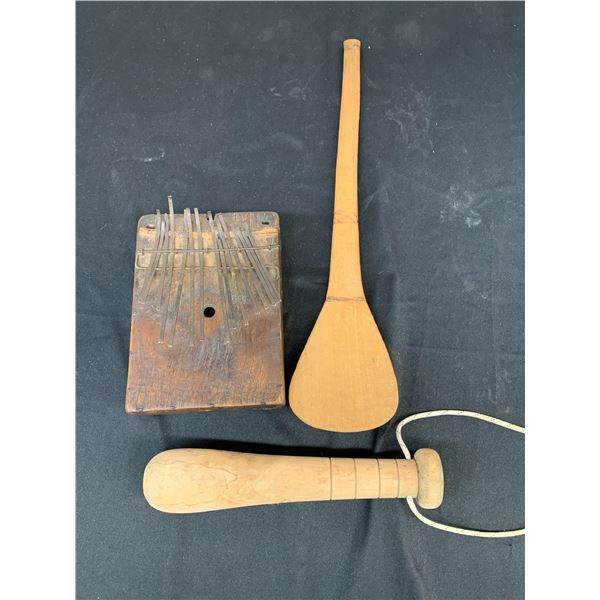 Lot of 3 Primitive Wooden Bat, Spatula and Instrument