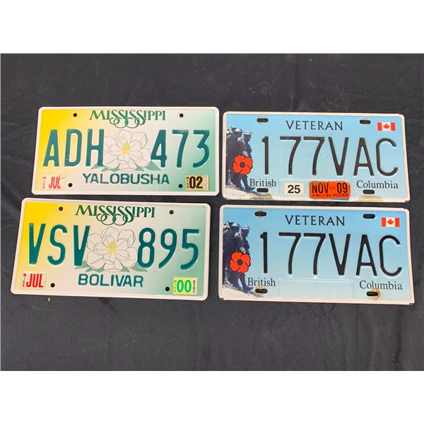 Lot of 4 License Plates British Columbia Veteran Pair Plates, Mississippi