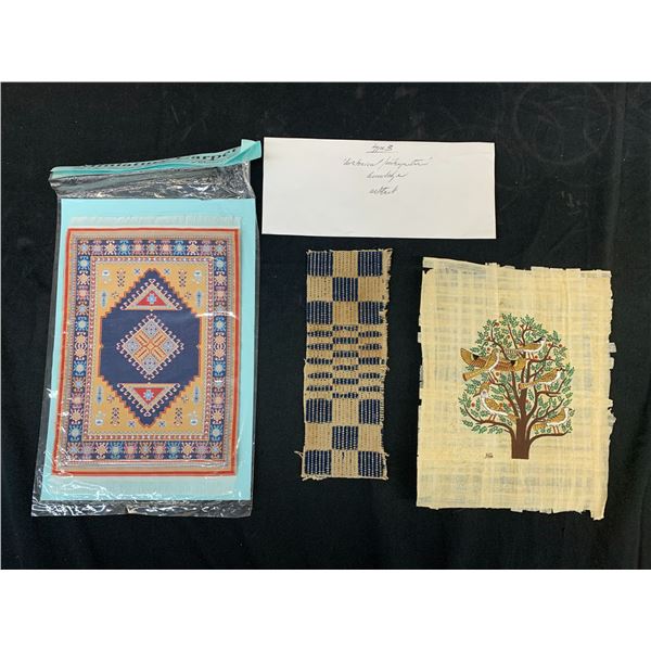 Lot of 3 Bamboo Art, Historical Interpretation Cloth Piece, Miniature Carpet