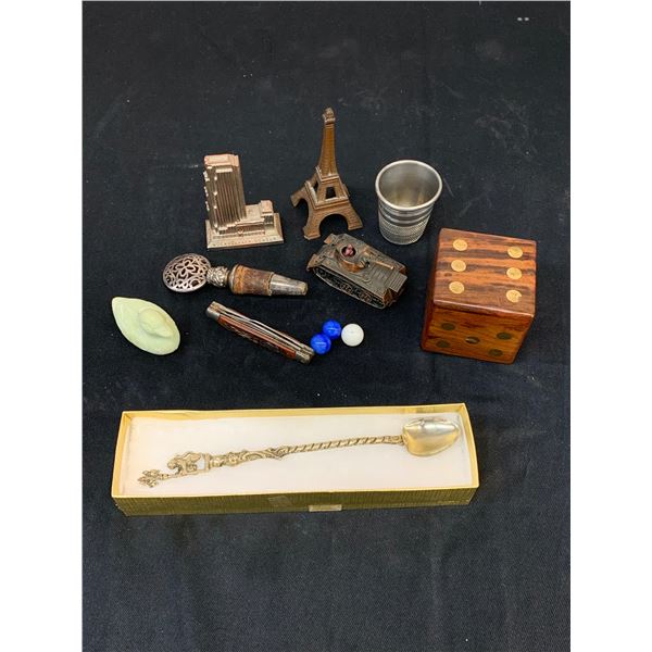 Lot of Metal Miniatures Buildings, Spoon, Marbles, Wooden Dice, Thimble, Stopper