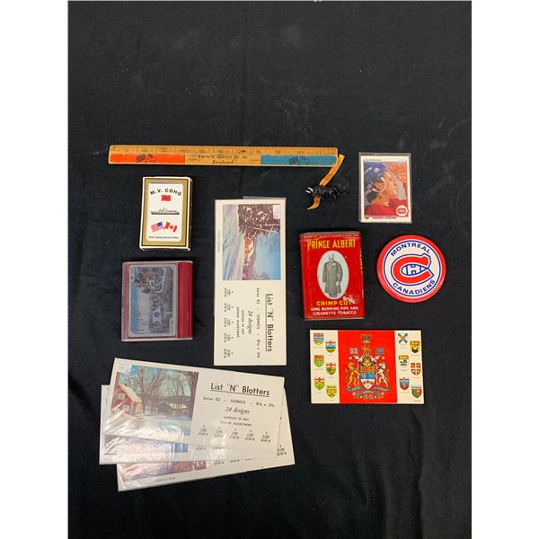 Junk Drawer Vintage Lot Playing Cards, Button, Ruler, Blotting Sheets,. etc