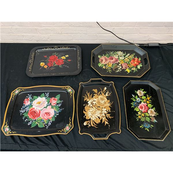Lot of 5 Black with Gold Accent, Floral Hand Painted Serving Trays
