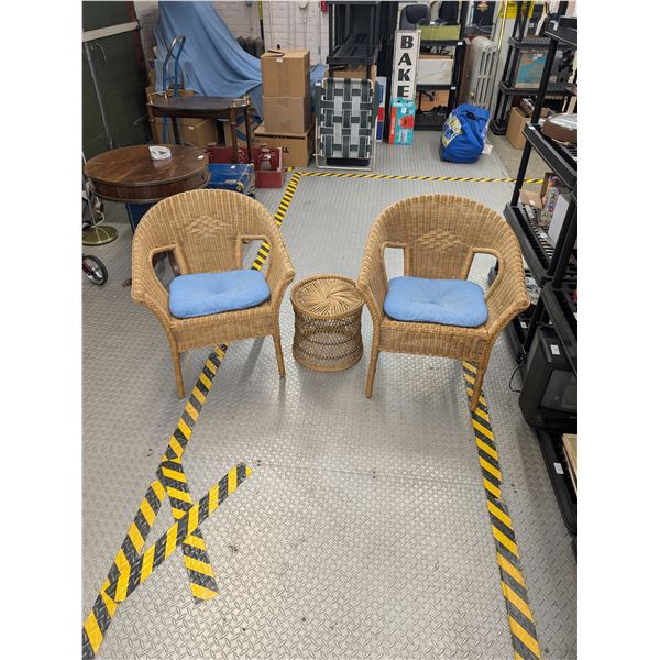 Pair of Bamboo Rattan Chairs w/Cushions and Small Wicker Table
