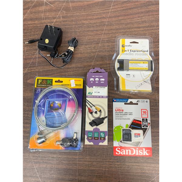 Lot of 5 Assorted Technology SD Card, SNES / Gamecube AV Cable, Universal AC Adaptor, Expresscard