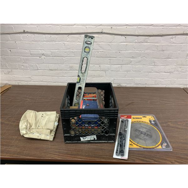 Crate of Tools, Belt, Saw Blade, Level, etc