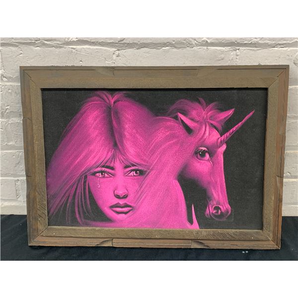 Vintage Black Velvet Painting Crying Girl and Unicorn, The Last Unicorn?