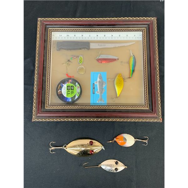 Lot of Fishing Lures, Framed Fishing Accessories