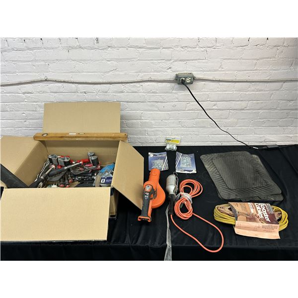 Box of Garage Supplies Booster Cables, Black & Decker, Floor Mats, Light, Hardware, etc