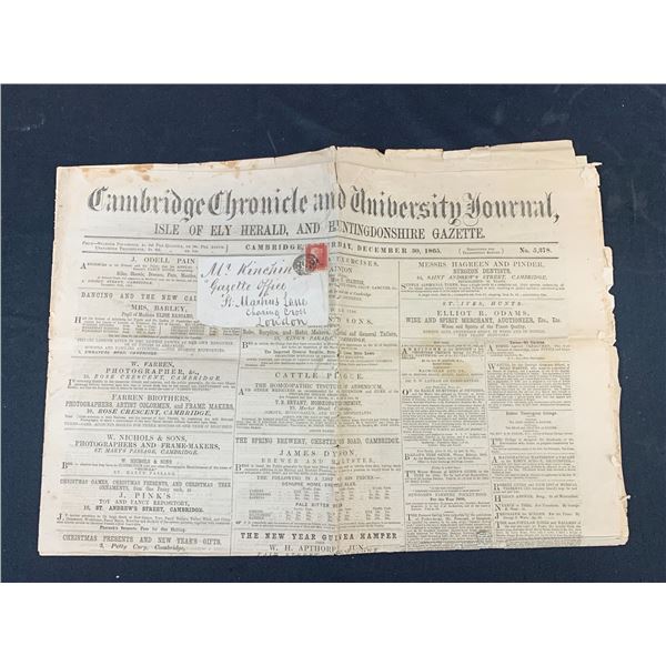 Antique Cambridge Chronicle and University Journal Newspaper, 1865