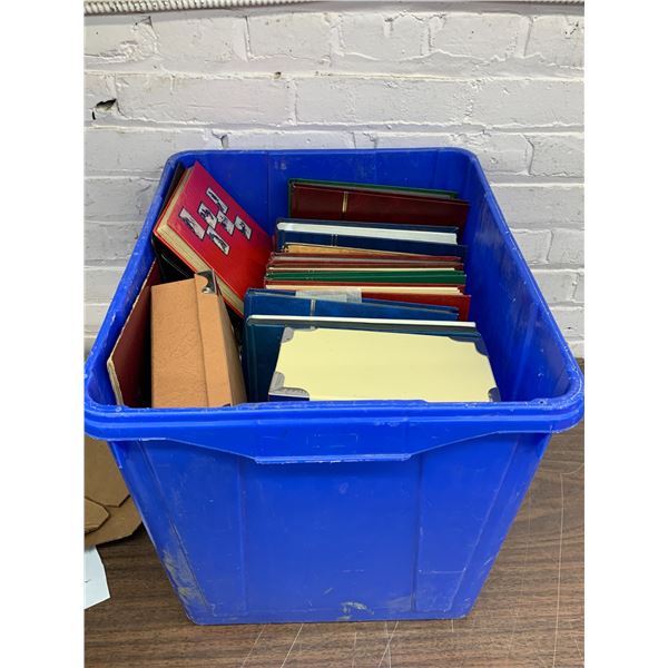 Bin of Assorted empty Stamp Collecting Binders, Albums, Accessories