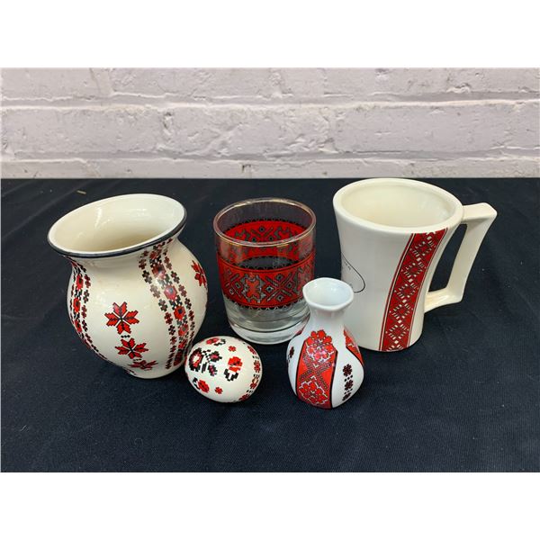 Lot of 5 Ukrainian Ceramic Bud Vases, Cup, Mug, Egg