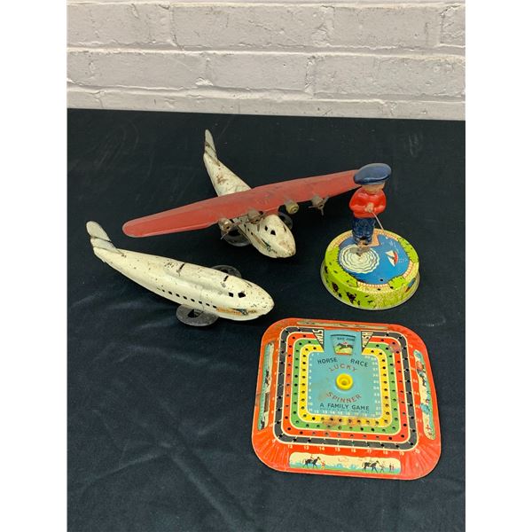 Lot of 4 Vintage Toys Pressed Steel Airplane Toys / Tin Litho Fisherman, Horse Game