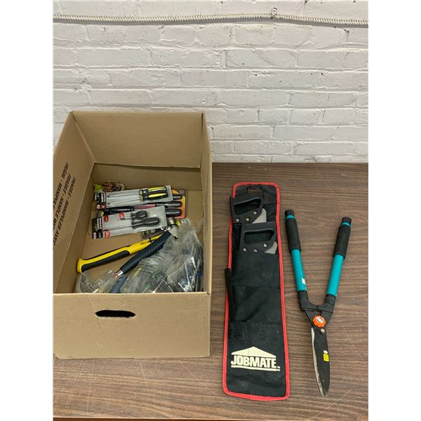 Box of Tools Screwdrivers, Saws, Hammer, Clippers, etc