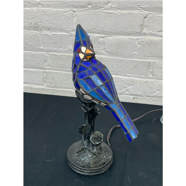 Stained Glass Blue Jay Bird Table Lamp *works* 14" Tall