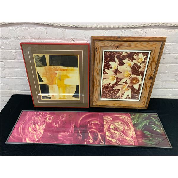 Lot of 3 Framed Wall Art Prints Flowers, Abstracts