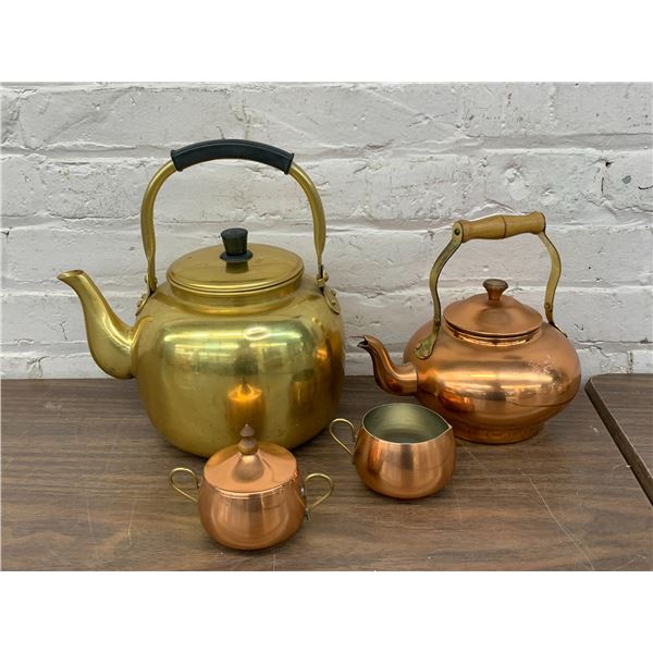 Copper Tea Pot, Cream and Sugar & Gold Tone Larger Tea Pot