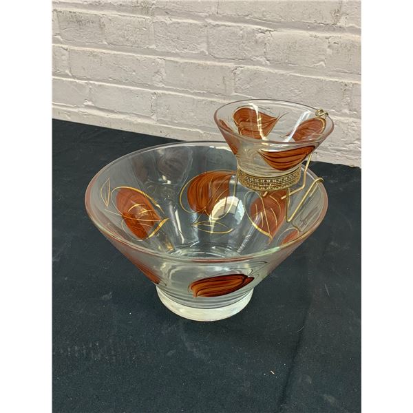 Vintage MCM Chip and Dip Bowl, Brown and Gold Leaf