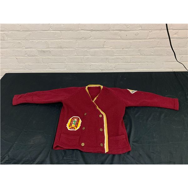 Vintage Wool Knit Pembina Curling Club Double Breasted Button-Up Sweater w Patches Centennial 1947