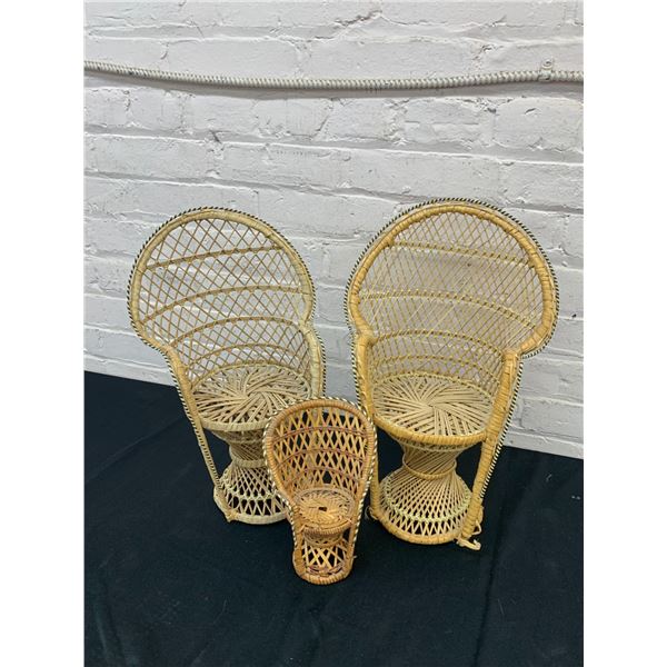 Lot of 3 Doll Sized Wicker Woven Peacock Chairs