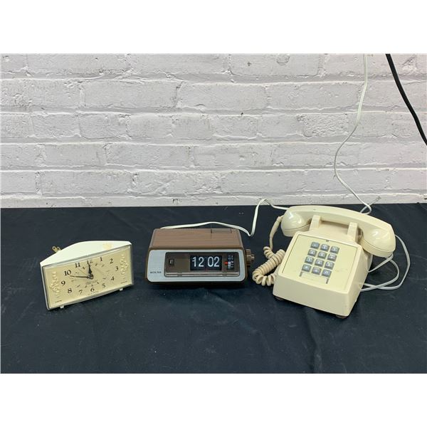Lot of 3 Vintage Touch Tone Landline Telephone, White, Flip Alarm Clock and Desk Clock