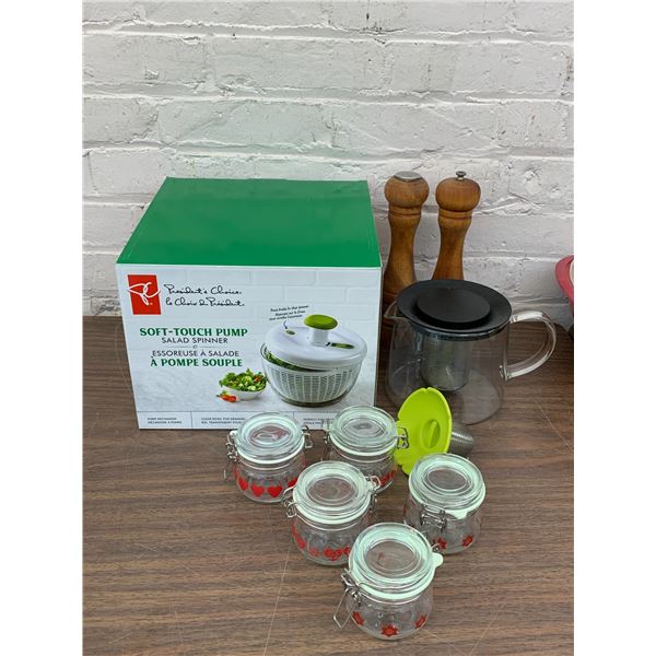 Lot of Kitchen Salad Spinner, Salt and Pepper, Jam Mason Jars, Tea Pot, etc