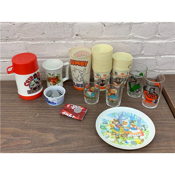 Lot of Vintage Travel Mug, Juice Glasses, Plate, Bottle Lid Liners, etc