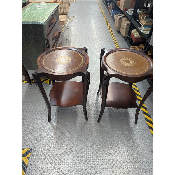 Pair of Antique Vintage Wooden Side Tables 2 Tier Round Leather Insert