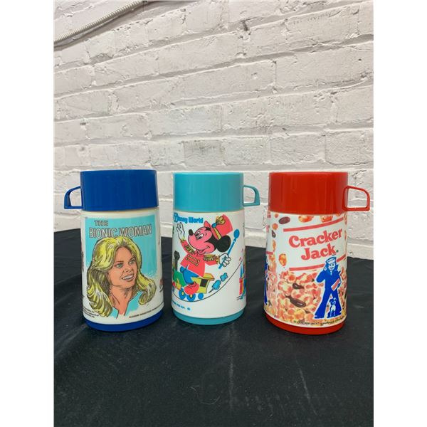 Lot of 3 Aladdin Travel Thermos Cups, Cracker Jack, Bionic Woman, ect