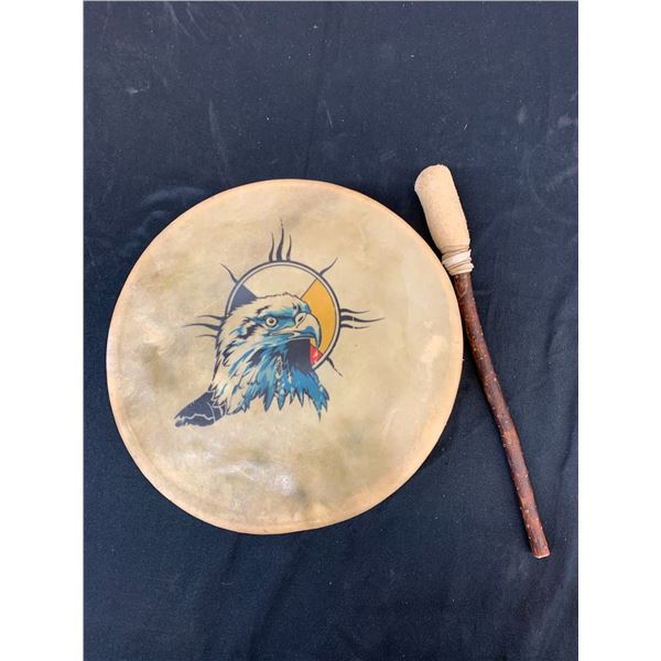 Animal Hide Drum with Baton, Printed Eagle Indigenous Artwork