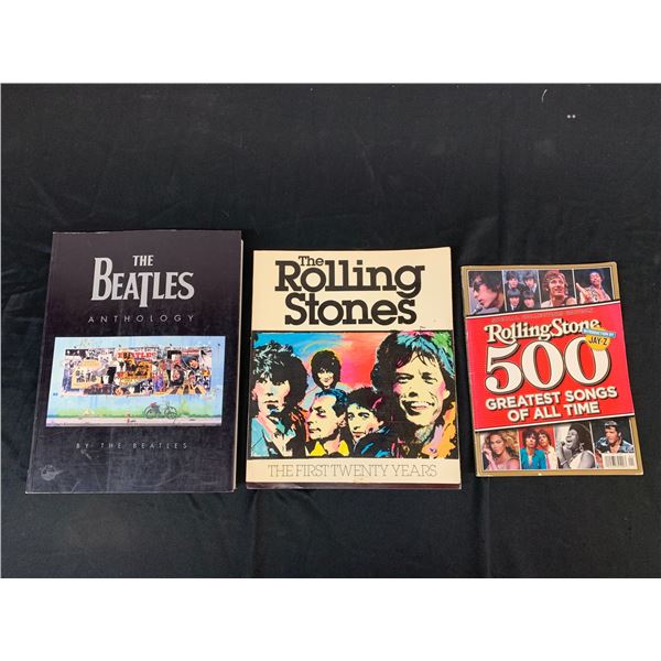 Lot of 3 The Beatles Anthology Soft Cover Coffee Table Book, The Rolling Stones 500 Greatest Songs