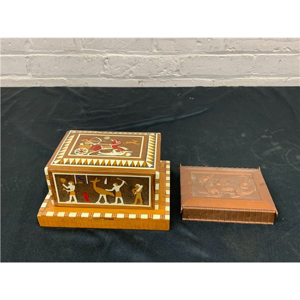 Pair of Vintage Cigarette Boxes Tiered Fold-Out Wooden, 1 Plastic