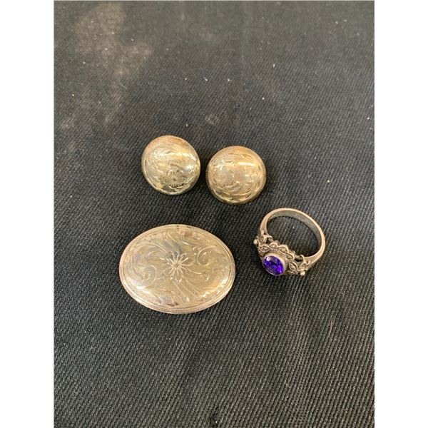 Lot of Sterling Marked STERLING Screwback Earrings, Brooch Pin and Marked 925 Ring Purple Stone
