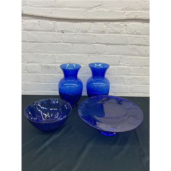 Lot of 4 Cobalt 2 Large Vases Indiana Glass, Cake Stand and Serving Bowl
