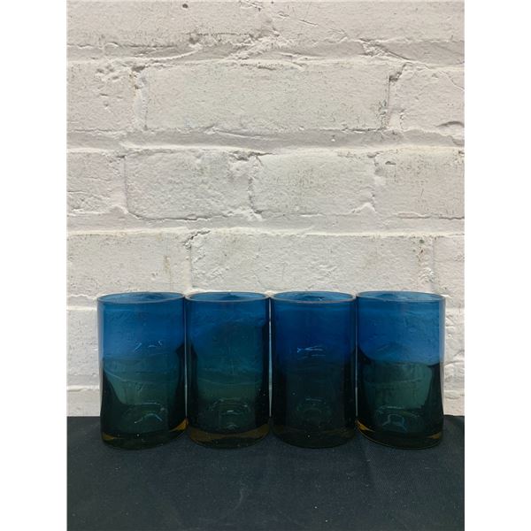 Lot of 4 Heavy Glass Drink Glasses, Art Glass Green, Blue, Brown Gradient