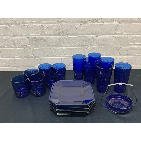 Arcoroc Royal Sapphire Set 6 Rocks Glasses, 6 Highball, 8 Square Plates, Table Sugar Dish