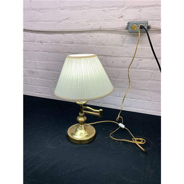 Gold Tone Table Desk Lamp w Adjustable Arm, Fabric Shade *works* 18"