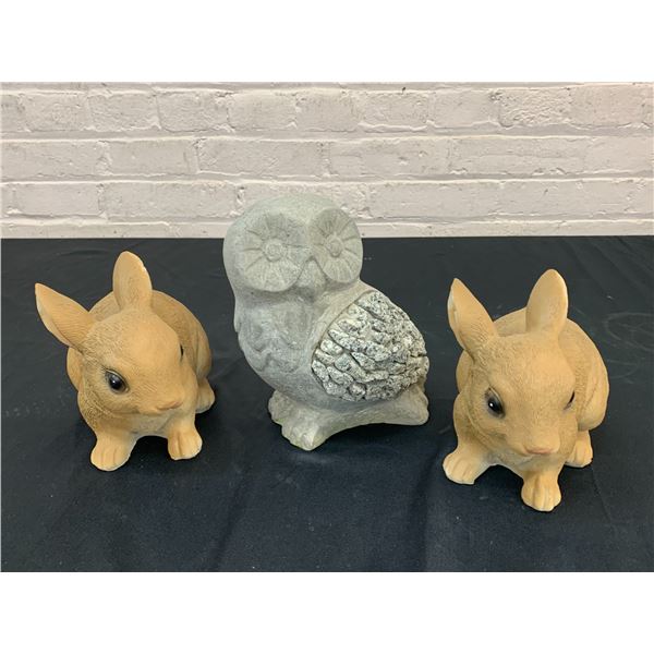 Concrete Owl and 2 Plastic Bunny Rabbit Garden Ornaments Decorations